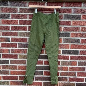 Olive Green Ribbed Ankle Zipper Leggings Jeggings Pants